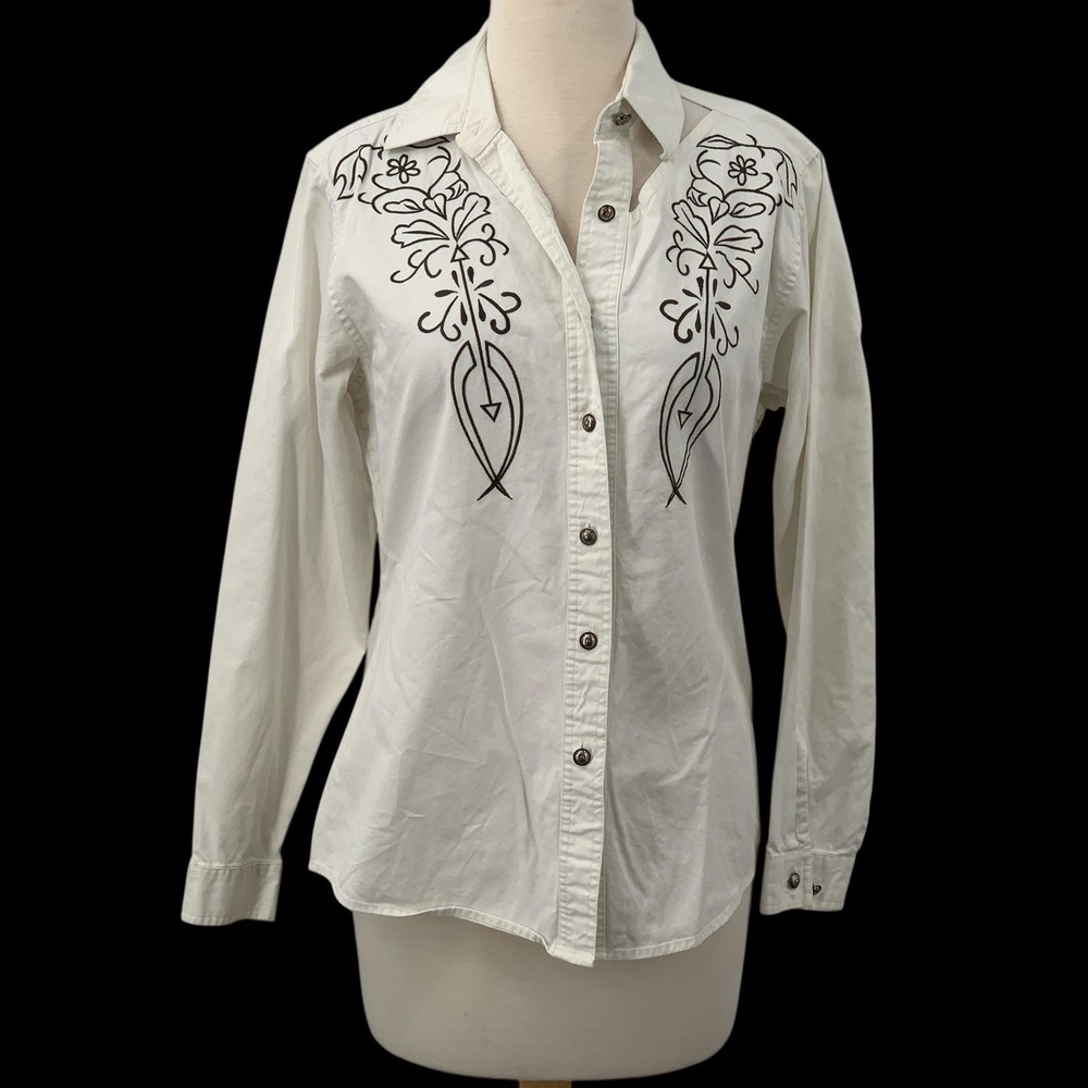 Wrangler Womens Western Long Sleeve Button Down Shirt White/Black Embroidered M